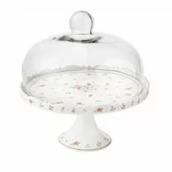 Alzata Portatorta Porcellana Fiori Nonna Rosa Con Cupola Vetro