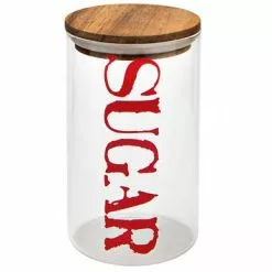 Barattolo Vetro Tappo Legno Scritta Rossa Sugar