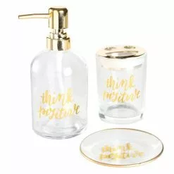 Accessori Bagno 3pz Vetro Trasparente Finiture Oro Think Positive