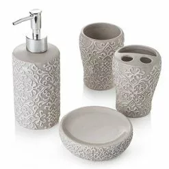 Accessori Bagno Ceramica Tortora Ricami Bianchi 4 Pezzi