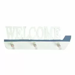 Appendiabiti Marinaro Welcome Legno Bianco Azzurro 3 Ganci A Parete