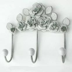 Appendiabiti Roselline Ferro Bianco Shabby 3 Ganci A Parete