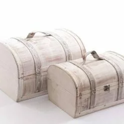 Bauletto Bombato Legno Bianco Shabby Con Cinghie Ecopelle