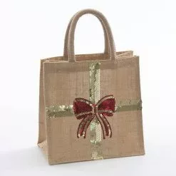 Borsa Juta Naturale Fiocco Oro E Rosso Paillettes 25x25h