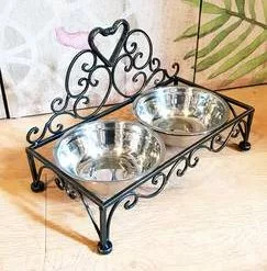 Ciotole Cane Gatto Supporto Ferro Nero Con Cuore
