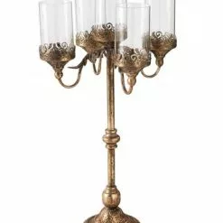 Candeliere 5 Fiamme Liberty Metallo Oro Antico E Vetro