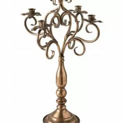 Candeliere 5 Fiamme Riccioli Metallo Oro Antico