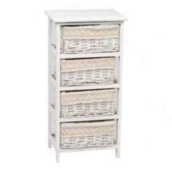 Cassettiera Legno Bianco 4 Cassetti Vimini Con Fodera
