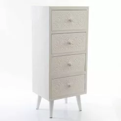 Cassettiera Legno Bianco Intarsi 4 Cassetti