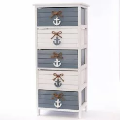 Cassettiera Legno Marinara Bianco E Azzurro 5 Cassetti