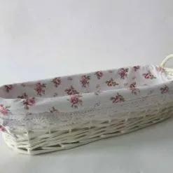 Cestino Ovale Vimini Bianco Fodera Rose 42x17