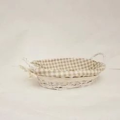 Cestino Paniere Ovale Vimini Bianco Fodera Quadretti