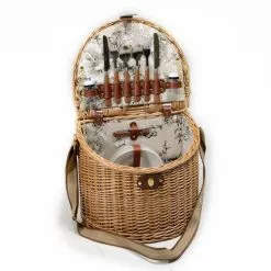 Cestino Pic Nic Vimini Naturale Mezzaluna Con Tracolla Con Stoviglie 2 Persone