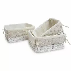 Cesto Bamboo Bianco Rettangolare Fodera Trapuntata Con Perle