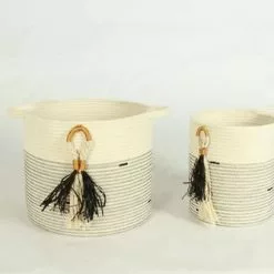 Cesto Corda Tondo Cotone Bianco Zig-zag Nero Con Nappa