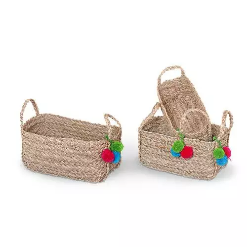 Cesto Intreccio Felce Con Maniglie Applicazione Pon Pom Colorati