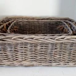 Cesto Legna Vimini Grigio Rettangolare Basso Con Maniglie