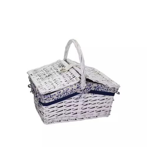 Cesto Pic Nic 2 Coperchi Vimini Bianco Fodera Azzurra Con Manico