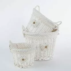 Cesto Tondo Vimini Bianco Con Manici Fodera Pois Grigio