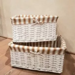 Cesto Vimini Bianco Da Armadio Fodera Righe Beige