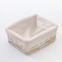 Cesto Vimini Bianco Rettangolare Fodera Pizzo 25x20