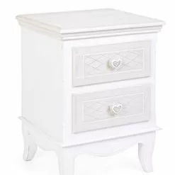 Comodino Legno Bianco Decapato Pomolo Cuore 2 Cassetti