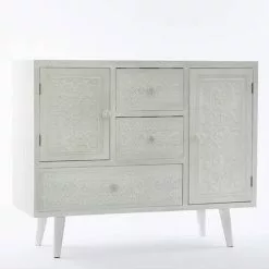Credenza Legno Bianco Intarsi 3 Cassetti E 2 Ante