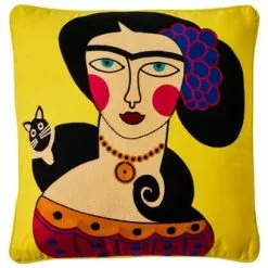 Cuscino Modern Art Giallo Donna Con Gatto Al Collo 50x50