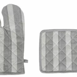 Guanto E Presina Da Cucina Cotone Grigio Shabby Righe Bianche