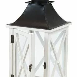 Lanterna Legno Bianco Finestrata Tetto Metallo Nero 47h