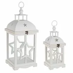 Lanterna Legno Bianco Quadrata Finestrata Con Stella