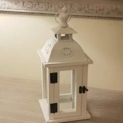 Lanterna Legno Bianco Tetto Metallo Decoro Fiore 40h