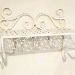 Mensola 1 Piano Ferro Bianco Riccioli Shabby Con Ganci Appendiabiti