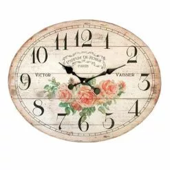 Orologio Legno Ovale Stampa Rose Da Parete 49x39h