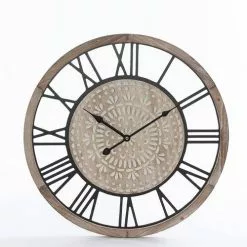 Orologio Mandala Legno Naturale E Metallo Nero Cm 50