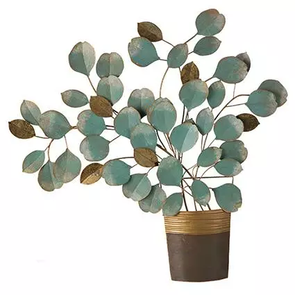 Pannello Decorativo Metallo Vaso Foglie Verdo E Oro