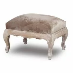 Poggiapiedi Pouf Imbottito Velluto Beige Piedi In Legno Shabby