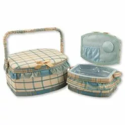 Porta Lavoro Per Cucito Scatola Tessuto Quadretti Azzurri