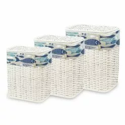 Portabiancheria Bamboo Bianco Fodera Pesci Blu