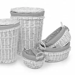 Portabiancheria Bianco Vimini Tondo Fodera Grigia Pallini