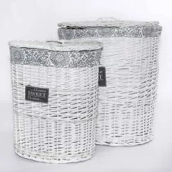 Portabiancheria Ovale Vimini Bianco Fodera Grigia Home