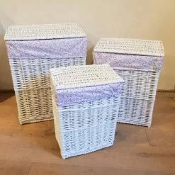 Portabiancheria Vimini Bianco Rettangolare Fodera Fiorellini Rosa