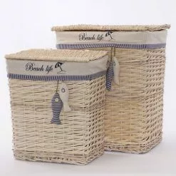 Portabiancheria Vimini Naturale Fodera Beach Life Con Pesci