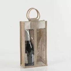 Portabottiglie Borsina Iuta 2 Posti Con Manico Legno