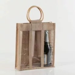 Portabottiglie Borsina Iuta 3 Posti Con Manico Legno