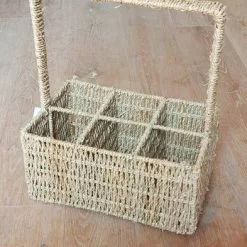 Portabottiglie Cestello Intrecciato In Paglia 6 Posti Con Manico