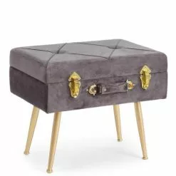 Pouf Sgabello Valigia Contenitore Velluto Grigio Piedi Oro