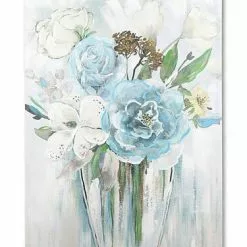 Quadro A Olio Bouquet Fiori Azzurri E Bianchi 70x100