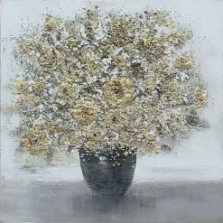 Quadro A Olio Vaso Fiori Oro E Bianchi 80x80