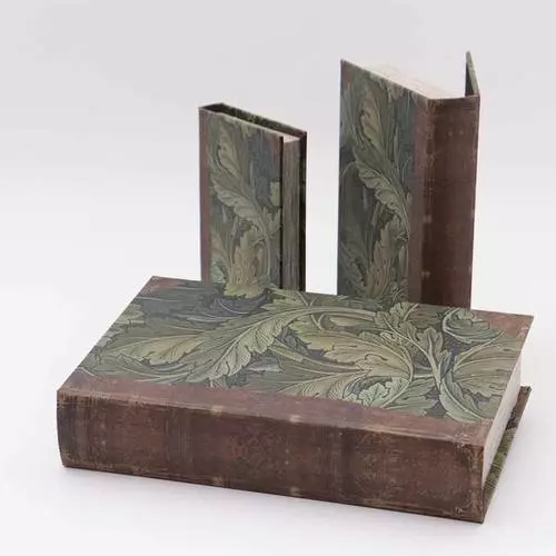 Scatola Libro Decoro Foglie Verdi Antique Ecopelle Marrone